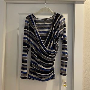 INC Wrap Blouse Size M. Black, Blue and White. Ruching in front.